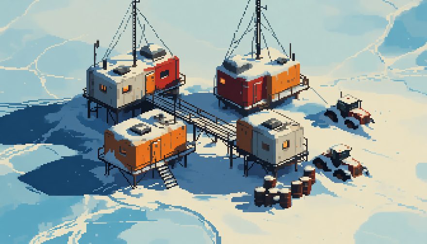 Concept art: modular huts raised on stilts over an ice shelf, linked by a walkway.
