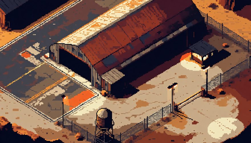 Concept art: a low hangar and guard post on a floodlit desert apron at night.