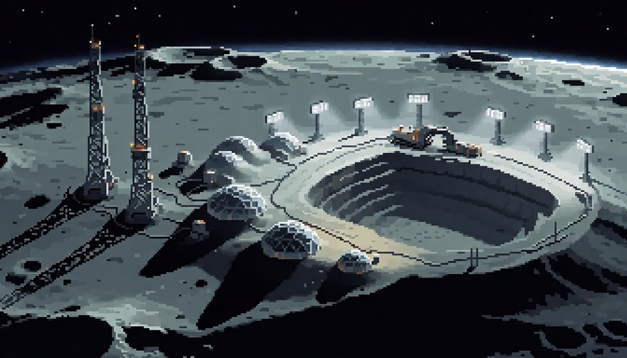 Concept art: structures on the lunar far side seen from above &mdash; lattice towers with amber lights, geodesic domes half sunk in the dust, and a terraced excavation with machinery parked at the rim.