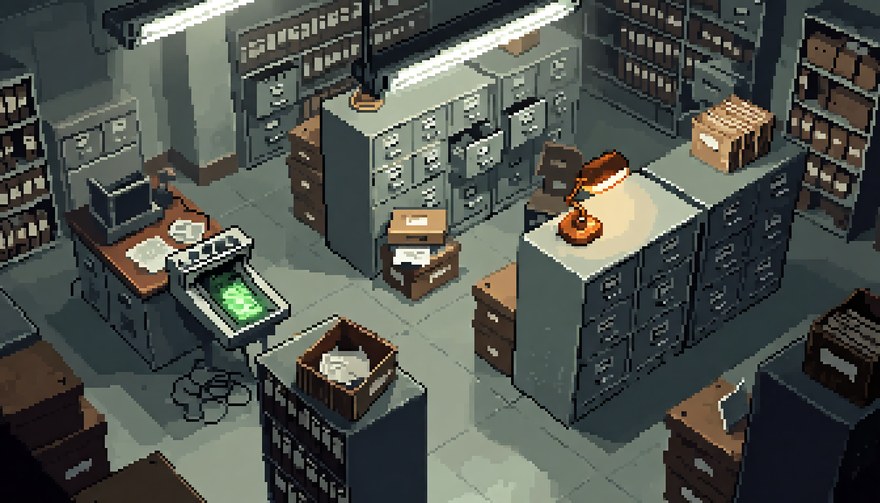 Concept art: a fluorescent-lit government records room with filing cabinets, archive shelving, a microfiche reader and stencilled banker's boxes.