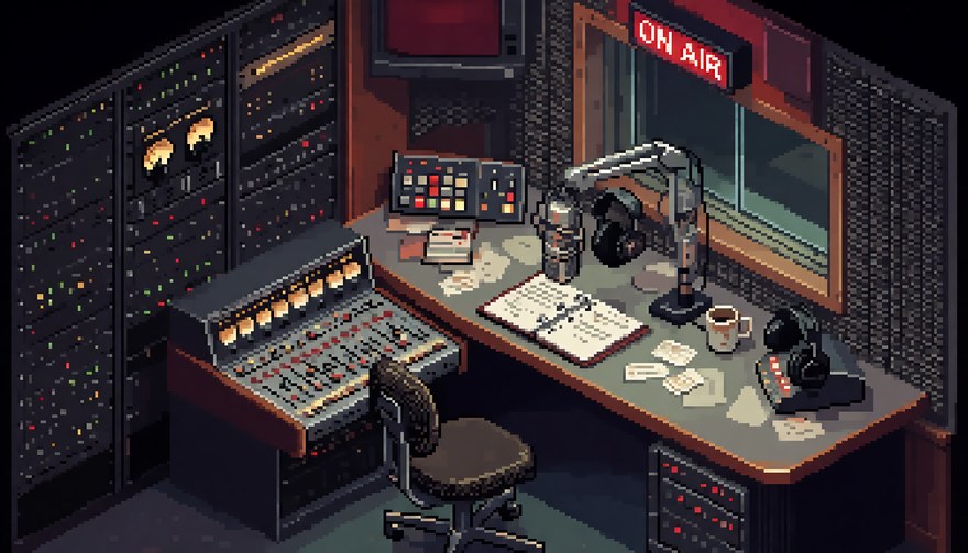 Concept art: a broadcast studio at night, with a mixing desk, a microphone on a boom arm, headphones and a lit ON AIR sign above the window.