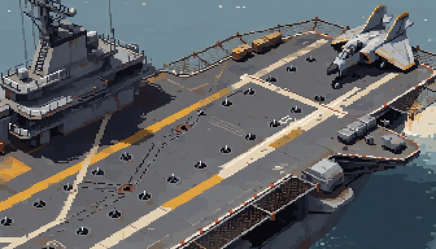 Concept art: a carrier flight deck with painted markings and a parked jet.