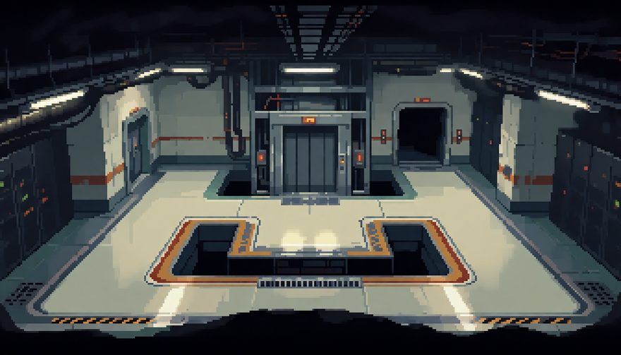 Concept art: an underground bay with blast doors, equipment racks and a freight lift.