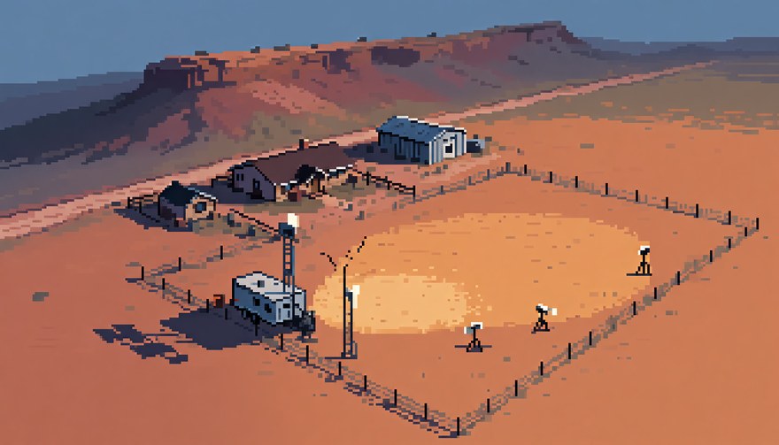 Concept art: a fenced Utah ranch at dusk with a research trailer, mast and tripod-mounted cameras aimed at an empty pasture.