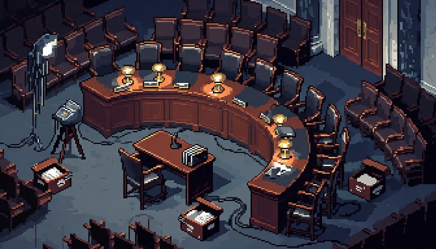 Concept art: an empty congressional hearing room, the curved dais lit by desk lamps, a witness table and microphone facing it, and boxes of paper on the floor.