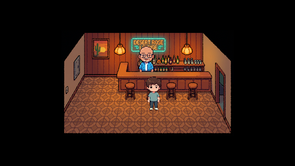 The motel bar with Jon sitting at it.