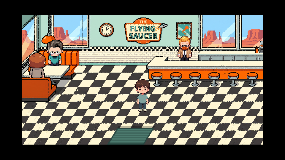 The Flying Saucer diner: a checkerboard floor, orange booths, and three people to talk to.