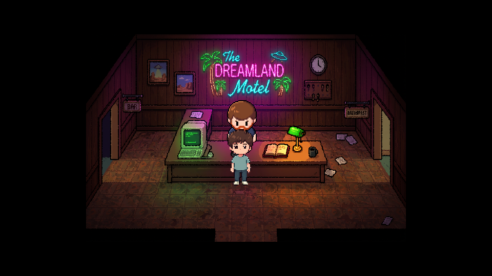 The Dreamland Motel lobby with Xander behind the desk.