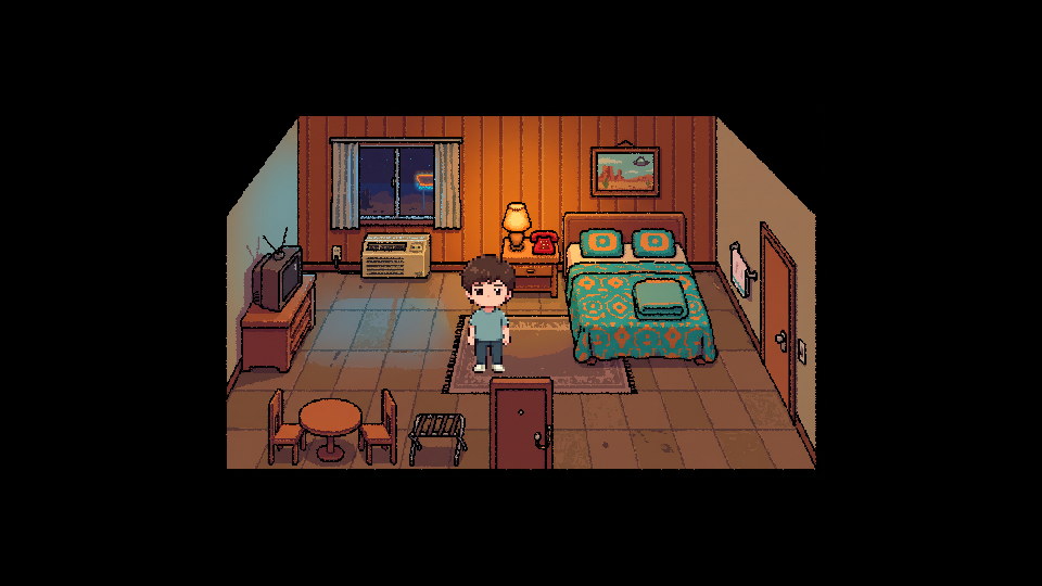 Room 2: a bed, a CRT television and a red telephone.