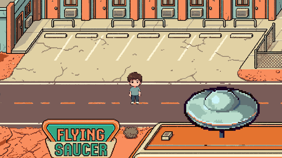 Screenshot from the playable build: the two-lane road through Rachel, with the Dreamland Motel on one side and the Flying Saucer diner on the other.